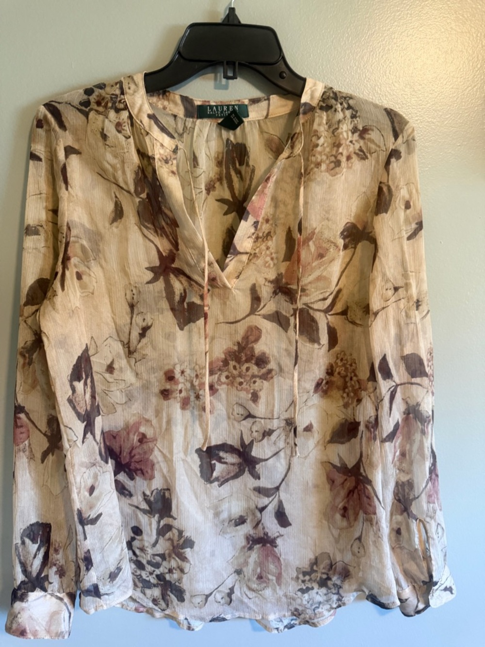 Lauren Ralph Lauren Beige Floral Sheer Long-Sleeve V tie Neck Tunic Blouse LP